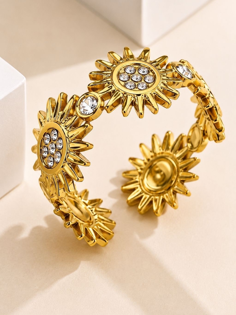 Gold Tone Sunflower Crystal Cuff Bracelet